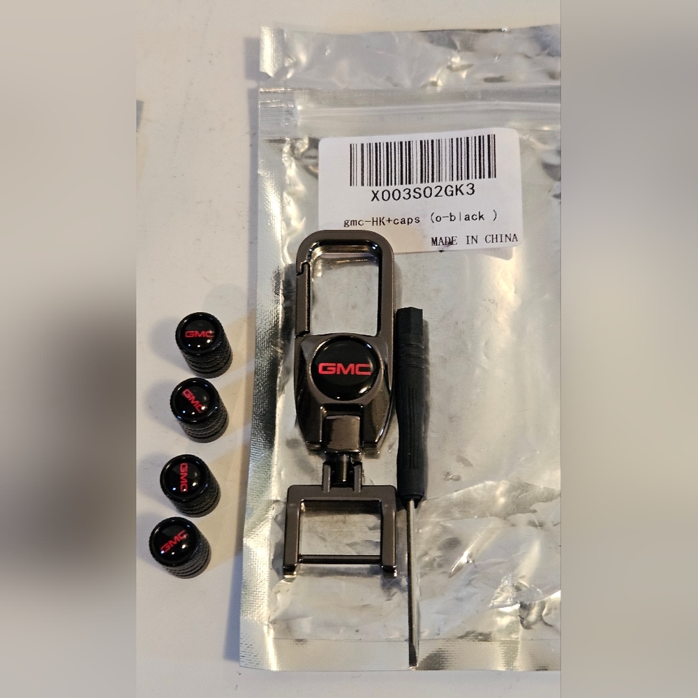 NIB GMC keychain and valve caps w tiny screwdriver